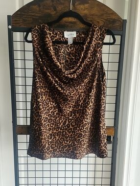 Joseph Ribkoff Leopard Print Cowl Neck Tank Top in Brown and Black